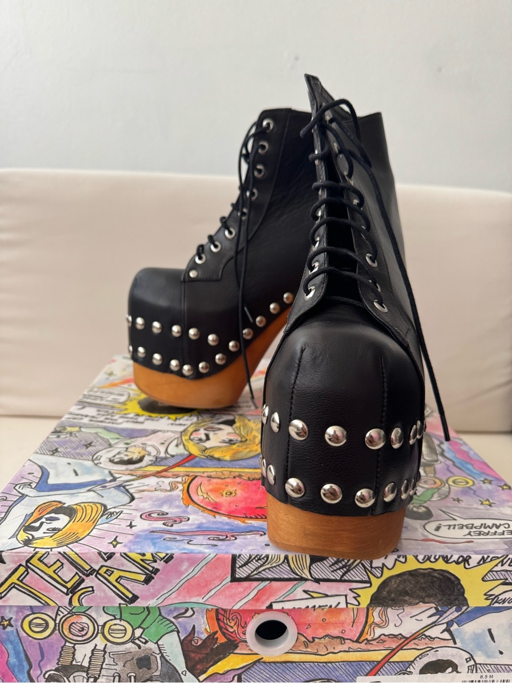 LALITA —Black Leather Platform Lace-Up Boot with Wood Block Heel - Picture 2 of 5
